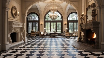  spain style, classic stone fireplace, beige doors, checkerboard marble flooring, arched windows,...