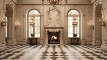  spain style, classic stone fireplace, beige doors, checkerboard marble flooring, arched windows,...