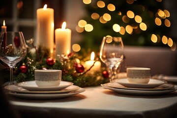 A Festive Christmas Table Set with Candles and Dishes
