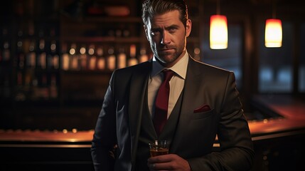 chad sigma male alpha,  handsome man in suit, whiskey, 16:9