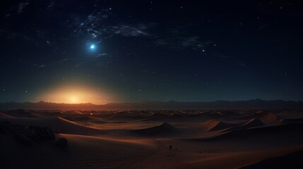 Fototapeta na wymiar moonlit night in the sahara desert, with endless sand dune, camel caravan, copy space, 16:9