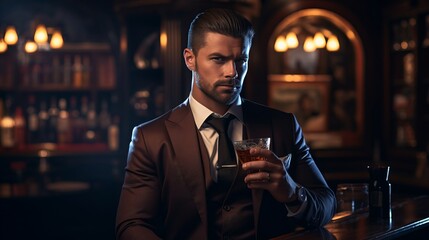 chad sigma male alpha,  handsome man in suit, whiskey, 16:9 - obrazy, fototapety, plakaty