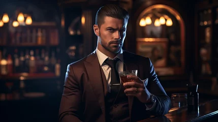 Fotobehang chad sigma male alpha,  handsome man in suit, whiskey, 16:9 © Christian
