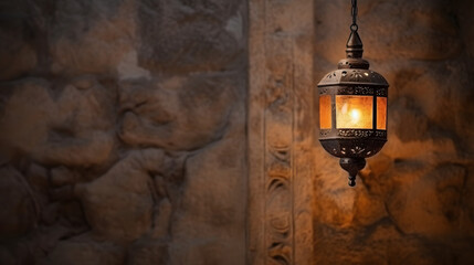 Typical Arabic oil lamp or lantern hanging on the grunge wall of old building. Details of old Middle Eastern interiors. Generative Ai.