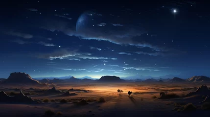 Fotobehang moonlit night in the sahara desert, with endless sand dune, camel caravan, copy space, 16:9 © Christian