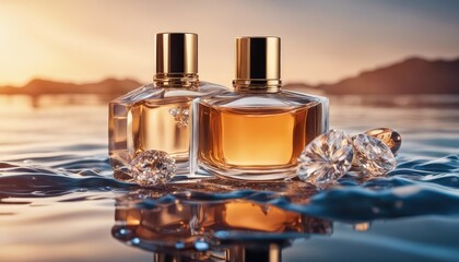 Luxury jewelry perfume still life picture, surrounded by water waves, product promotion - obrazy, fototapety, plakaty