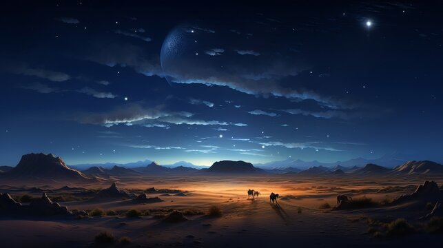 moonlit night in the sahara desert, with endless sand dune, camel caravan, copy space, 16:9