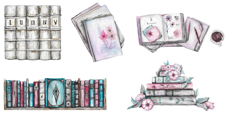 Vintage Watercolor Books, Pink and White Books on a Transparent Background, Old Style Hand-Painted Books, Antique Bookshelf, Watercolor Bookcase, Vintage Library, Romantic Books, Blue Book