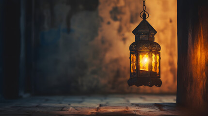 Typical Arabic oil lamp or lantern hanging on the grunge wall of old building. Details of old Middle Eastern interiors. Generative Ai. - obrazy, fototapety, plakaty