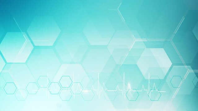 Blue medical screensaver with animated heart cardiogram line on blinking hexagons and grid background. Looped motion graphics.