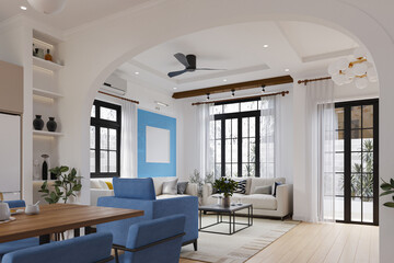 A Sophistic dining cum living place, Sunlight comes from a panoramic window. 3D rendering