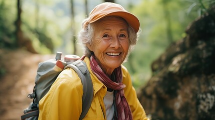 AI generated illustration of an elderly woman with a cheerful expression and hiking equipment