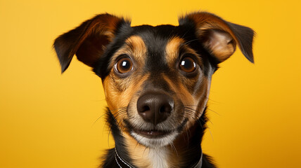 Studio shot of a cute mixed breed dog looking at the camera on a yellow background. - obrazy, fototapety, plakaty