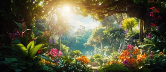 Obraz na płótnie Canvas beautiful summer garden the vibrant green leaves of the tropical plant create a breathtaking backdrop while the suns warm rays illuminate the stunning array of flowers showcasing the natural