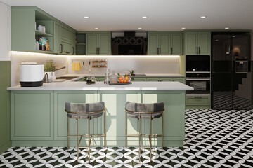 Stylish and botany kitchen island with technology, and utensils. 3D rendering