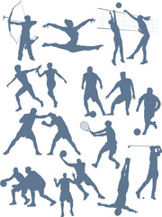 Many colorful silhouettes of athletes representing various sports disciplines. Vector contours of team sports disciplines