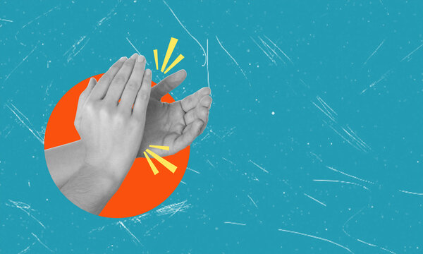 Art collage, clapping palms on blue background with space for text.