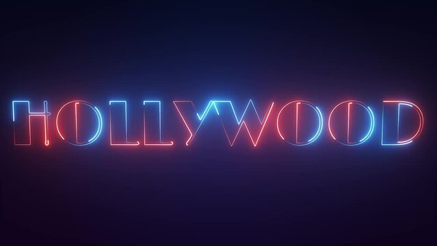 bright neon hollywood text animated on dark background