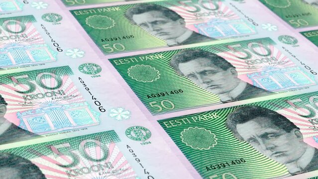 Estonia Estonian Kroon 50 Banknotes Money Printing House, Printing Fifty Estonian Kroon, Printing Press Machine Print out Estonian Kroon, Being printed by currency press machine 50 Estonian