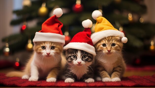 Three cute cats are sitting around a Christmas tree wearing New Year's hats.