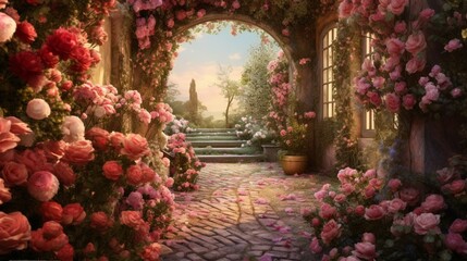 A garden path surrounded by a profusion of blooming roses in various shades, creating a fragrant and enchanting corridor of natural beauty.