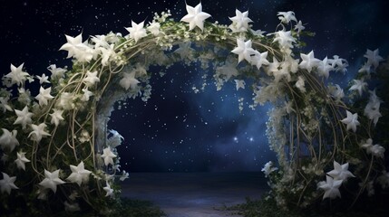 A graceful clematis vine climbing a garden arch, its delicate flowers resembling stars in a night...