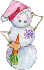 Cute cheerful snowman in a red hat on an inverted head, mittens, a carrot in his hand. Childish Merry Christmas hand-drawn watercolor illustration isolated on the white background. 