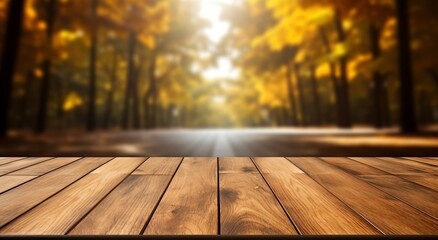 Naklejka na ściany i meble Wooden Planks Foreground Leading to a Sunlit Autumn Forest in a Tranquil Nature Scene