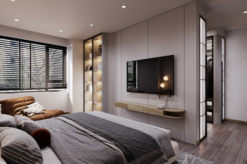 Fototapeta na wymiar Bright and cozy modern bedroom with essential furniture into interior design, 3D rendering