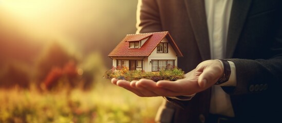 Businessman holding home or estate building model. Loan concept