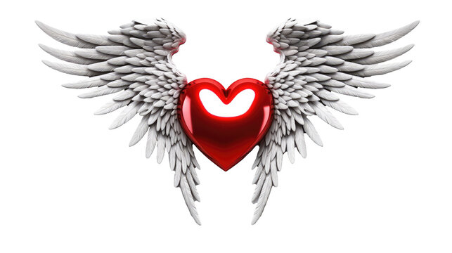 Red heart with wings on transparent background, png