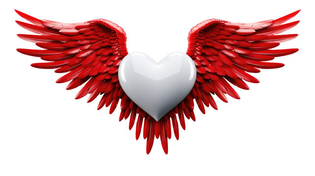 White heart with red wings on transparent background, png
