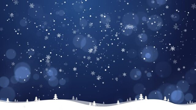 Winter landscape with Christmas trees and falling snowflakes. Drawn animated blue background screensaver. Snow storm. Looped motion graphics.
