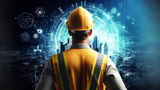 An Engineer Wearing Yellow Safety Helmet Watching Hologram Blueprint of a Building Construction