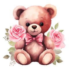 Watercolor Valentine Rose Bear Clipart,Cute watercolor teddy bears, Mother day card, Valentines day card, Clipart,Cute Teddy Bear Clipart, generative ai