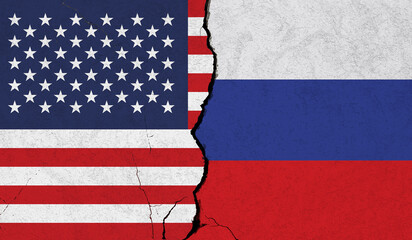 USA Russia flag cracked wall background