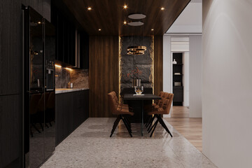 Contemporary Dining and kitchen interior with Black and Modern touches, 3D rendering