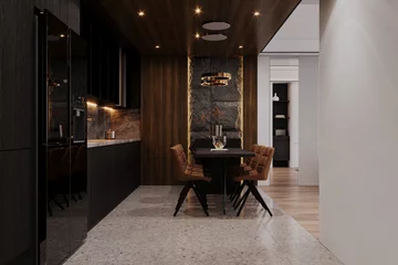 Fotobehang Contemporary Dining and kitchen interior with Black and Modern touches, 3D rendering © CGI