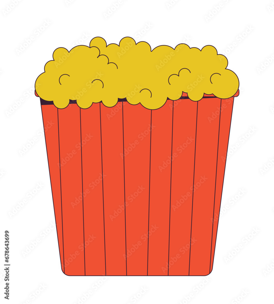 Poster popcorn bucket 2d linear cartoon object. tasty salty popcorn box square isolated line vector element