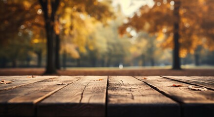 Golden Autumn Morning Light Bathing a Wooden Table with Scattered Fall Leaves - obrazy, fototapety, plakaty