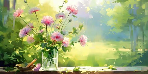 Sunny Meadow Blooms Amidst Lush Trees, Generative AI