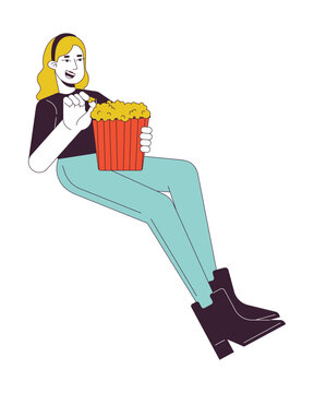 recommend clip art: Blonde caucasian woman eating popcorn 2D linear cartoon character. Watching movie in cinema girl isolated line vector person white background. Entertainment show color flat spot illustration