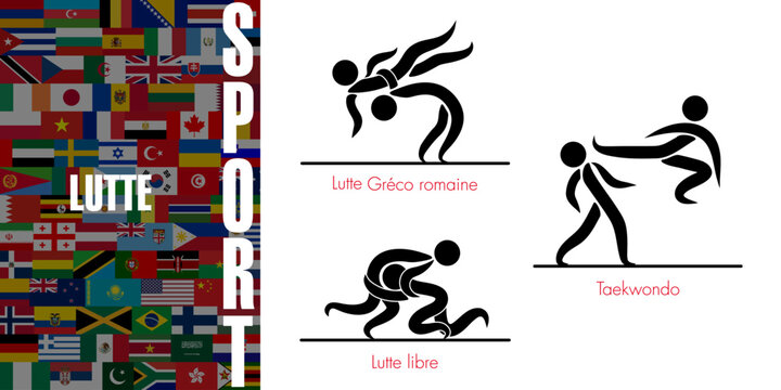 Ensemble de pictogrammes représentant les 3 disciplines sportives de combat avec un adversaire - Texte sur un fond de drapeaux mondiaux, Traduction : sport, lutte.