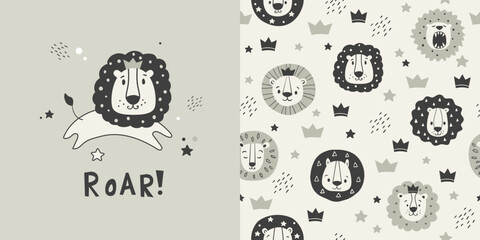 Сhildish pattern with little lion, baby shower greeting card. Animal seamless background, cute vector texture for kids bedding, fabric, wallpaper, wrapping paper, textile, t-shirt print