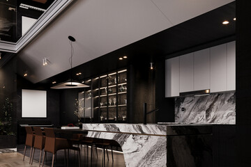 Corner of the spacious cozy kitchen with black walls, laminated floor, comfortable dining table with soft armchairs, and countertops in the background. 3d rendering