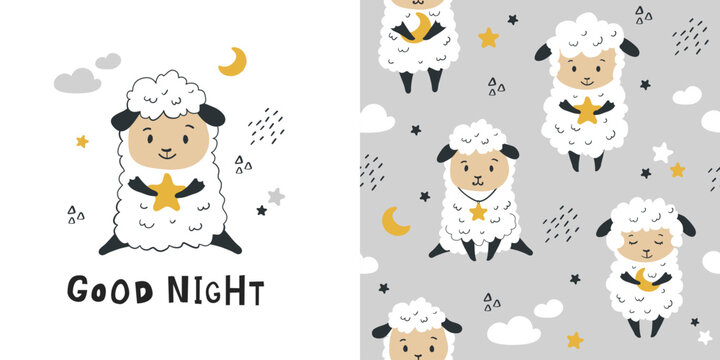 Сhildish pattern with little sheep, baby shower greeting card. Animal seamless background, cute vector texture for kids bedding, fabric, wallpaper, wrapping paper, textile, t-shirt print
