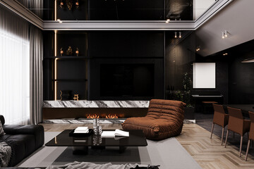 The stylish interior of a Black TV mountain with appliances in the living room, 3d rendering