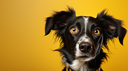 Portrait of a border collie dog on a yellow background.