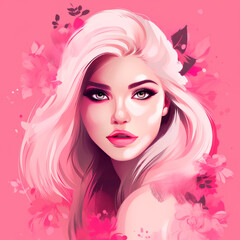 Beautiful girl with curly hail in pink color, illustration. AI generative