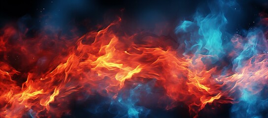 Fototapeta na wymiar A Vivid Dance of Elemental Fury: Blue and Red Flames Engulfing the Darkness
